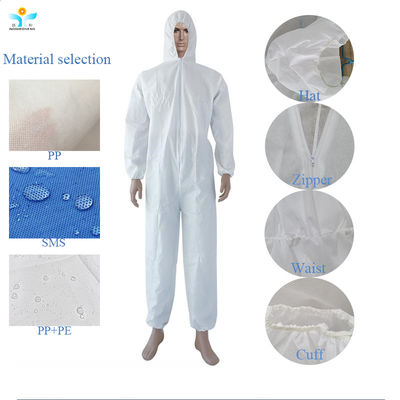 Sms Body Suit Disposable Coverall Disposable Protective Wear With Knitted Elastic Cuffs And Zipper Cap