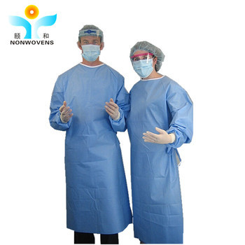 SMS Nonwoven Fabric Disposable Hospital Gowns With Collar-Tie Sleeve Elastic Cuff