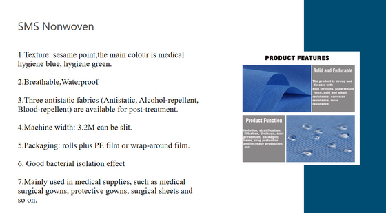 Medical Blue Disposable SMS Gown Material For Scrub Suit Mask